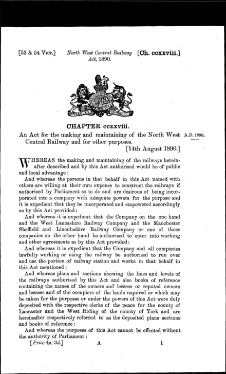 North West Central Railway Act 1890