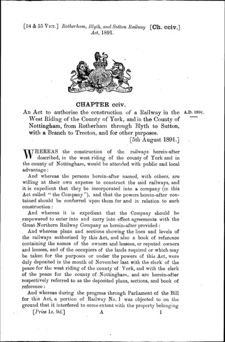 Rotherham, Blyth and Sutton Railway Act 1891