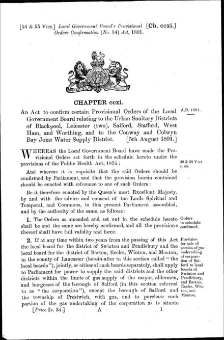 Local Government Board's Provisional Orders Confirmation (No. 14) Act 1891