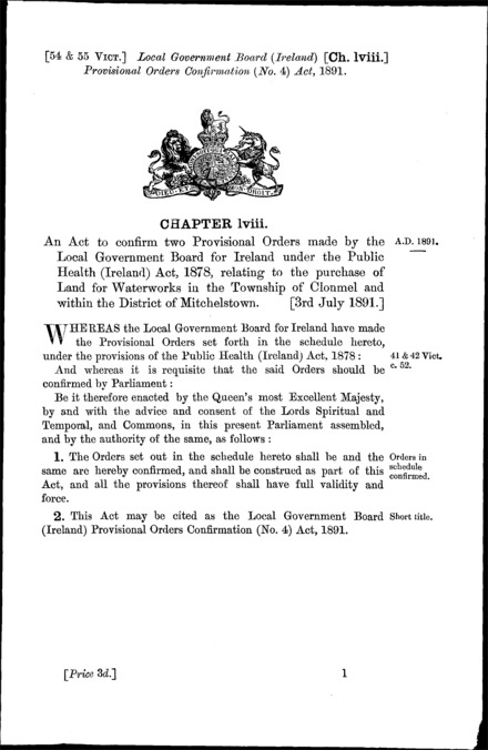 Local Government Board (Ireland) Provisional Orders Confirmation (No. 4) Act 1891