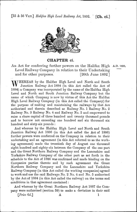Halifax High Level Railway Act 1892