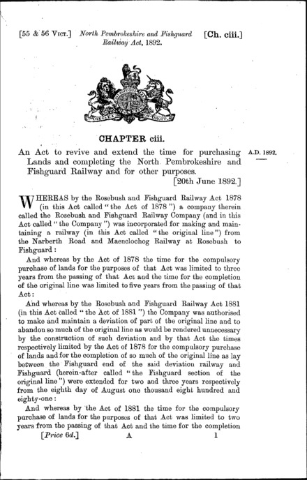 North Pembrokeshire and Fishguard Railway Act 1892