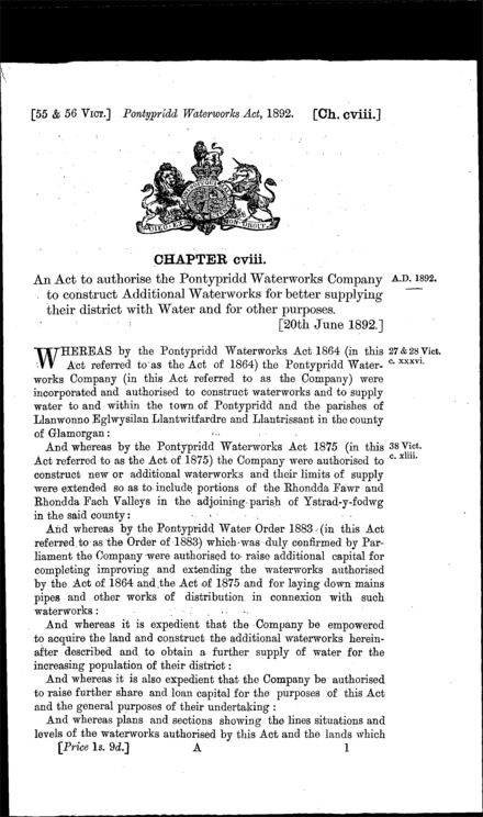 Pontypridd Waterworks Act 1892