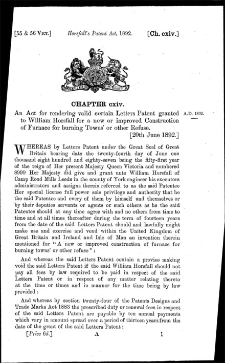 Horsfall's Patent Act 1892