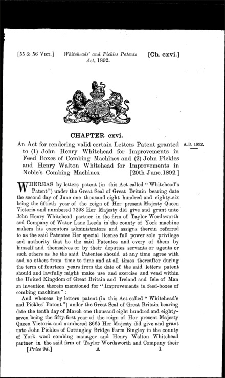 Whiteheads' and Pickles' Patents Act 1892