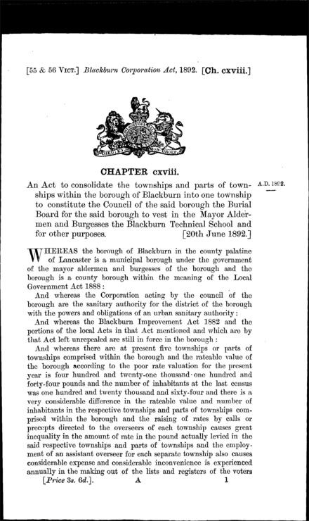 Blackburn Corporation Act 1892