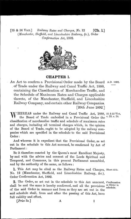 Railway Rates and Charges, No. 12 (Manchester, Sheffield and Lincolnshire Railway, &c.) Order Confirmation Act 1892