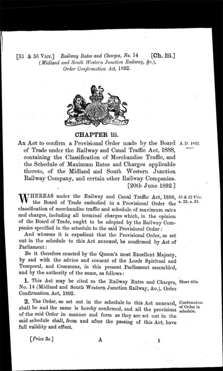 Railway Rates and Charges, No. 14 (Midland and South Western Junction Railway, &c.) Order Confirmation Act 1892
