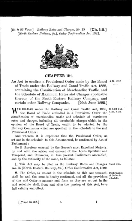 Railway Rates and Charges, No. 15 (North Eastern Railway, &c.) Order Confirmation Act 1892