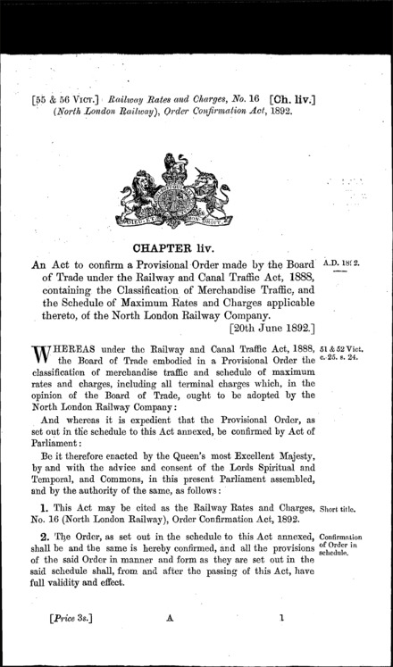 Railway Rates and Charges, No. 16 (North London Railway) Order Confirmation Act 1892