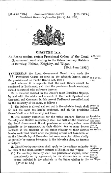 Local Government Board's Provisional Orders Confirmation (No. 2) Act 1892