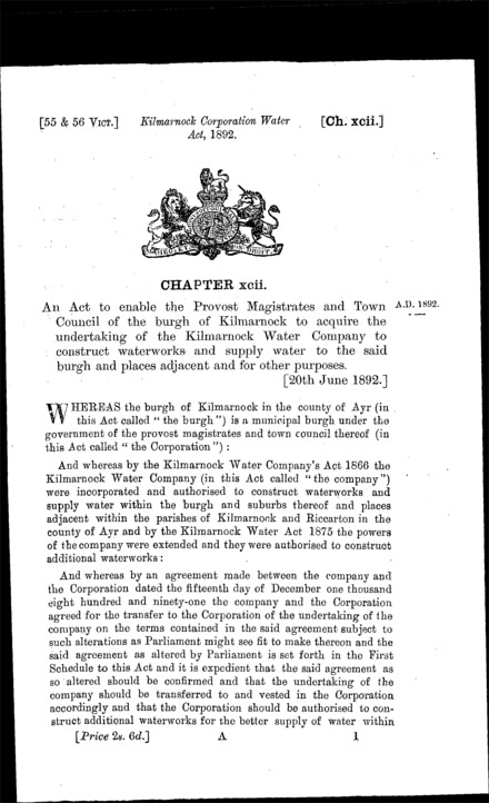 Kilmarnock Corporation Water Act 1892