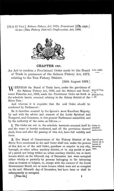 Salmon Fishery Act, 1873, Provisional Order (Tees Fishery District) Confirmation Act 1893