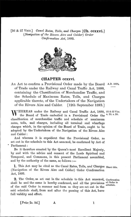 Canal Rates, Tolls, and Charges (Navigation of the Rivers Aire and Calder) Order Confirmation Act 1893