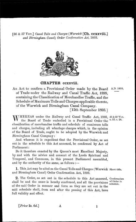 Canal Tolls and Charges (Warwick and Birmingham Canal) Order Confirmation Act 1893