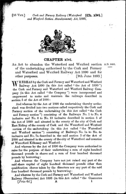 Cork and Fermoy Railway (Waterford and Wexford Section Abandonment) Act 1893