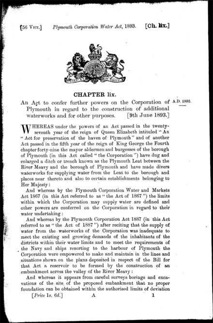 Plymouth Corporation Water Act 1893