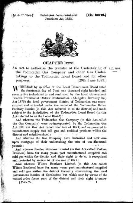 Todmorden Local Board Gas Purchases Act 1893