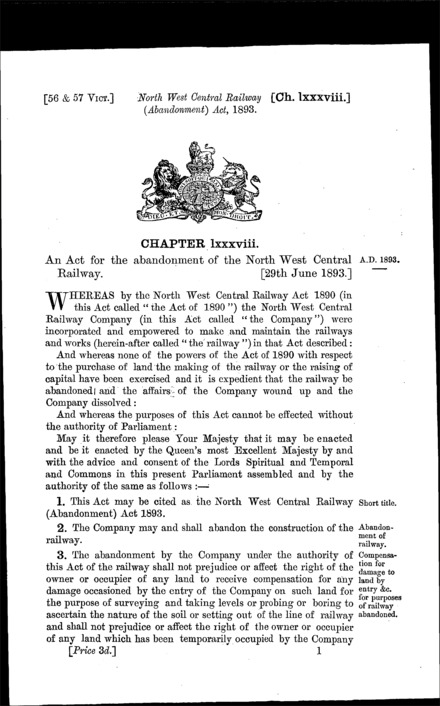 North West Central Railway (Abandonment) Act 1893
