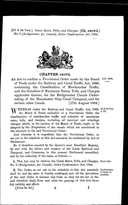 Canal Rates, Tolls and Charges, No. 2 (Bridgewater, &c. Canals), Order Confirmation Act 1894