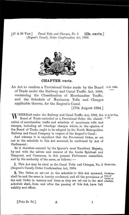 Canal Tolls and Charges, No. 5 (Regent's Canal) Order Confirmation Act 1894