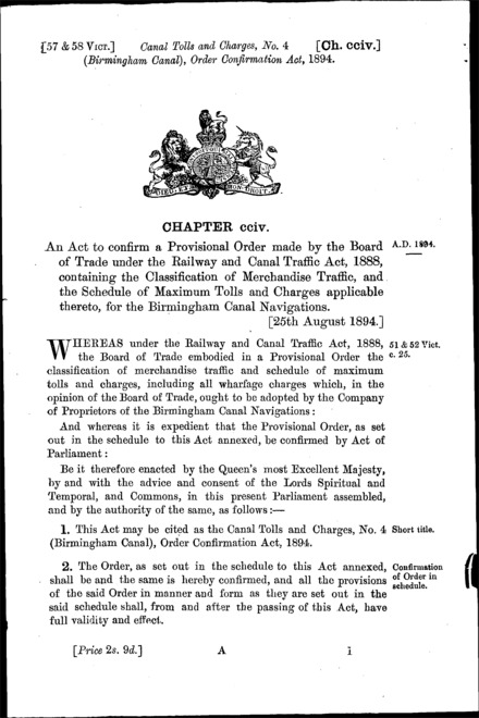 Canal Tolls and Charges, No. 4 (Birmingham Canal) Order Confirmation Act 1894