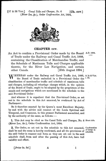 Canal Tolls and Charges, No. 6 (River Lee, &c.) Order Confirmation Act 1894
