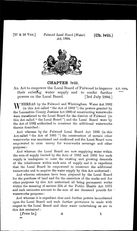 Fulwood Local Board (Water) Act 1894