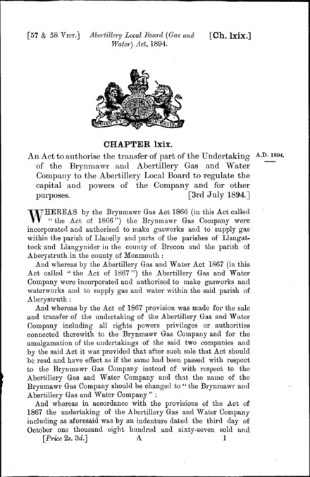 Abertillery Local Board (Gas and Water) Act 1894