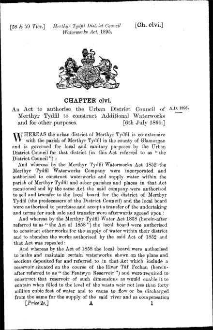 Merthyr Tydfil District Council Waterworks Act 1895