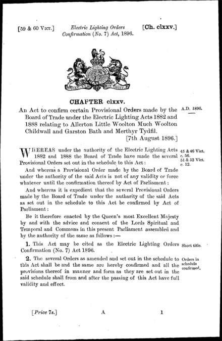 Electric Lighting Orders Confirmation (No. 7) Act 1896