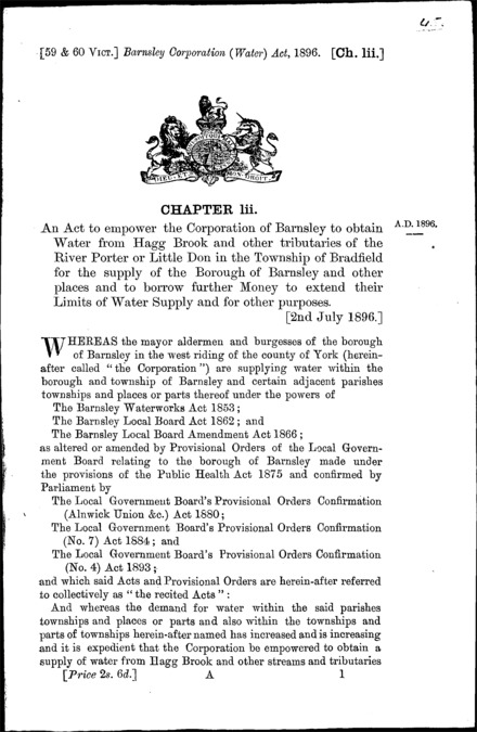 Barnsley Corporation Water Act 1896