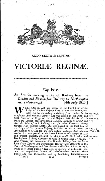 London and Birmingham Railway (Northampton and Peterborough Branch) Act 1843