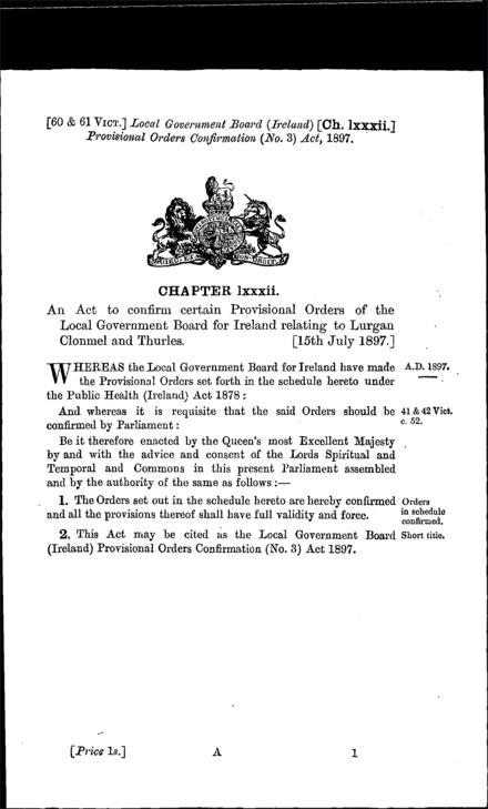 Local Government Board (Ireland) Provisional Orders Confirmation (No. 3) Act 1897