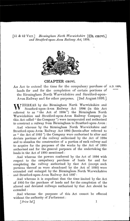 Birmingham North Warwickshire and Stratford-upon-Avon Railway Act 1898
