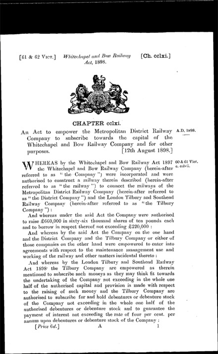 Whitechapel and Bow Railway Act 1898