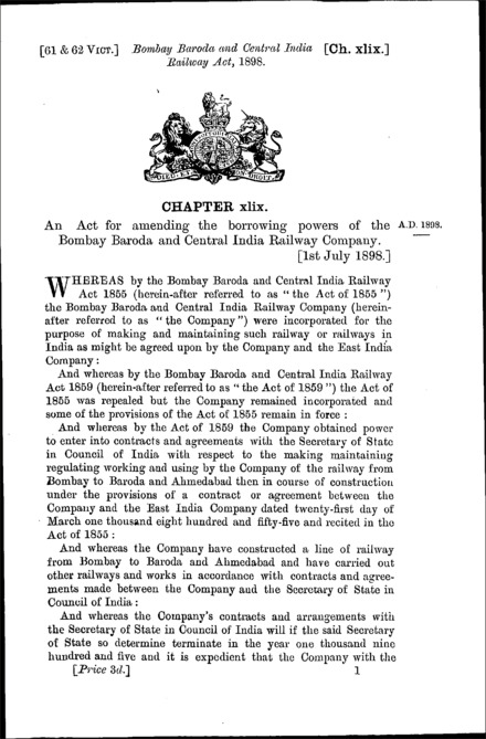 Bombay, Baroda and Central India Railway Act 1898