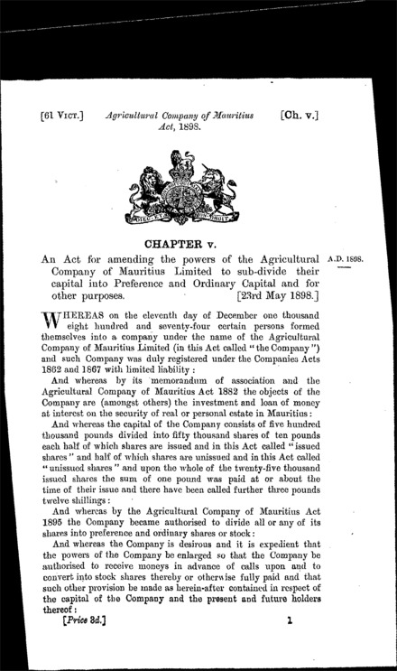 Agricultural Company of Mauritius Act 1898