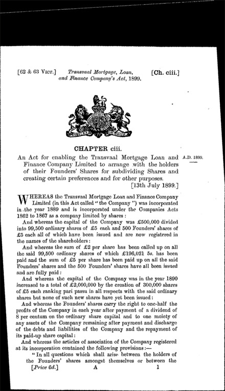 Transvaal Mortgage Loan and Finance Company Act 1899