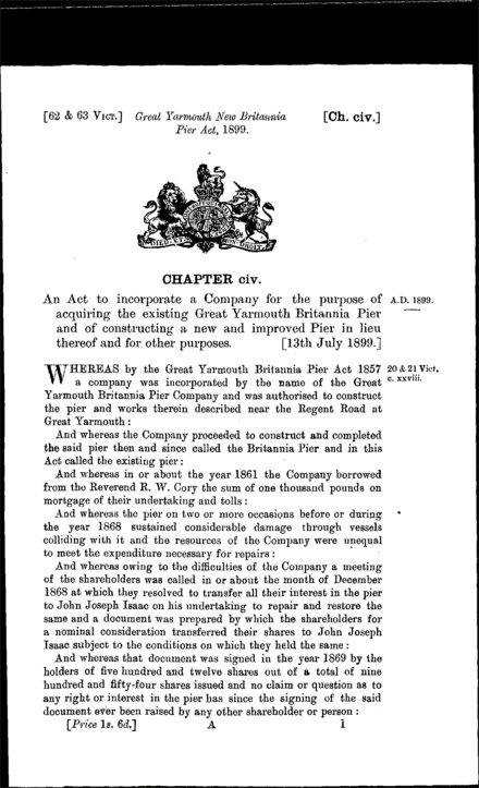 Great Yarmouth New Britannia Pier Act 1899