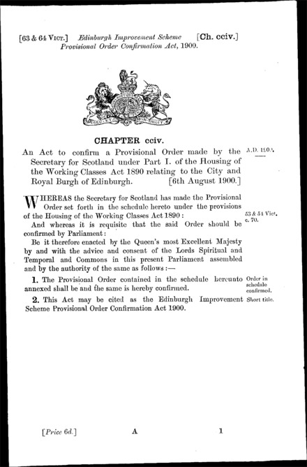 Edinburgh Improvement Scheme Provisional Orders Confirmation Act 1900