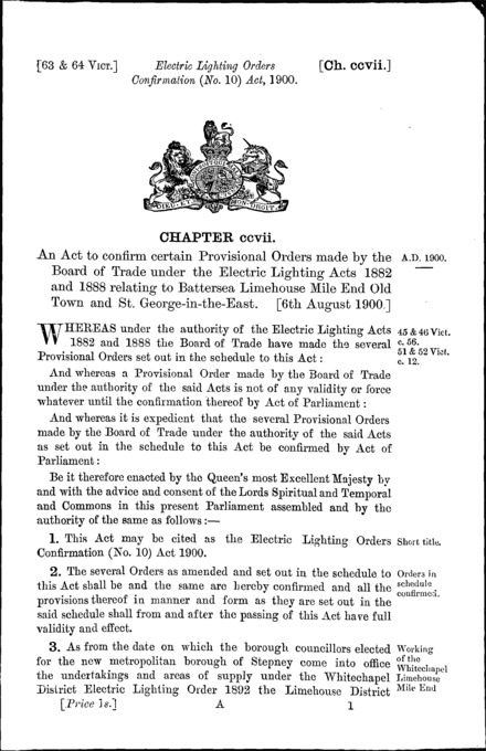 Electric Lighting Orders Confirmation (No. 10) Act 1900