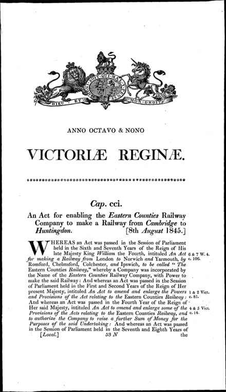 Cambridge and Huntingdon Railway Act 1845