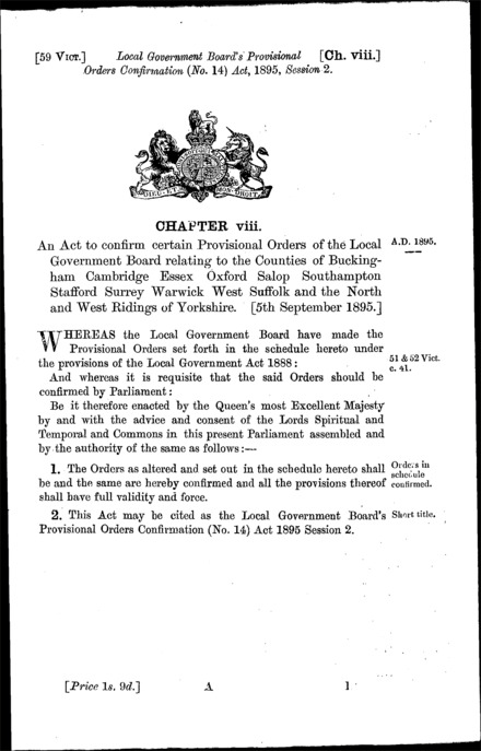 Local Government Board's Provisional Orders Confirmation (No. 14) Act 1895