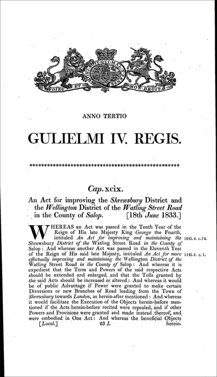 Watling Street (Shrewsbury and Wellington Districts) Act 1833