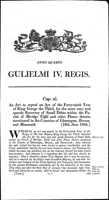 Glamorgan, Brecon and Monmouth Court of Requests Act 1809 Repeal Act 1834