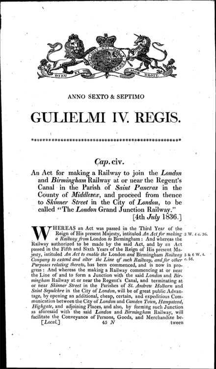 London Grand Junction Railway Act 1836