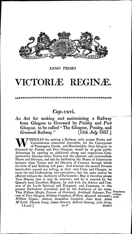 Glasgow, Paisley and Greenock Railway Act 1837