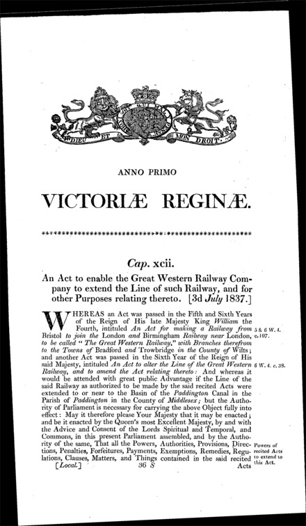 Great Western Railway Paddington Extension Act 1837