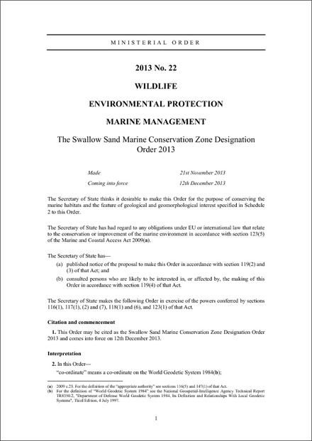 The Swallow Sand Marine Conservation Zone Designation Order 2013